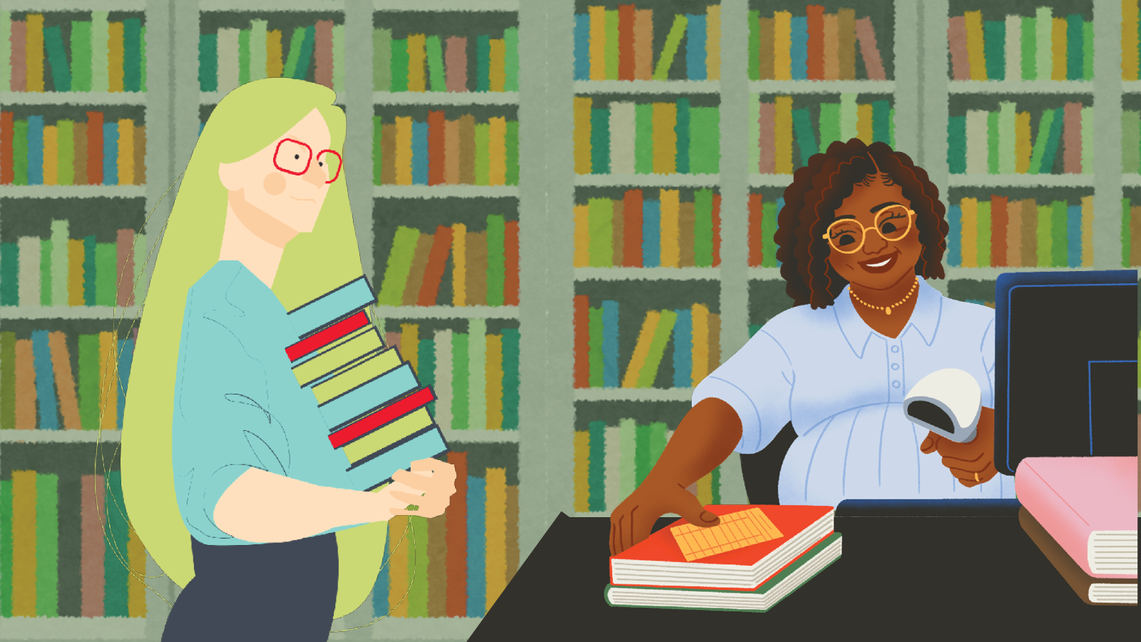 Illustration of a smiling library staff member scanning books at a checkout desk while a patron holds a stack of books.