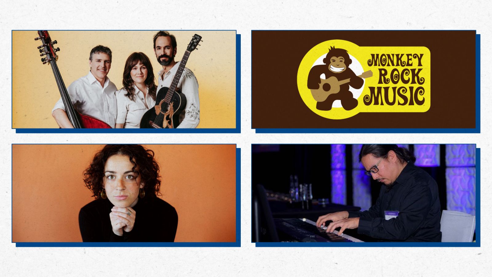 Photos of musical groups: Moonfruits, Monkey Rock, Mia Kelly, Keith Whiteduck
