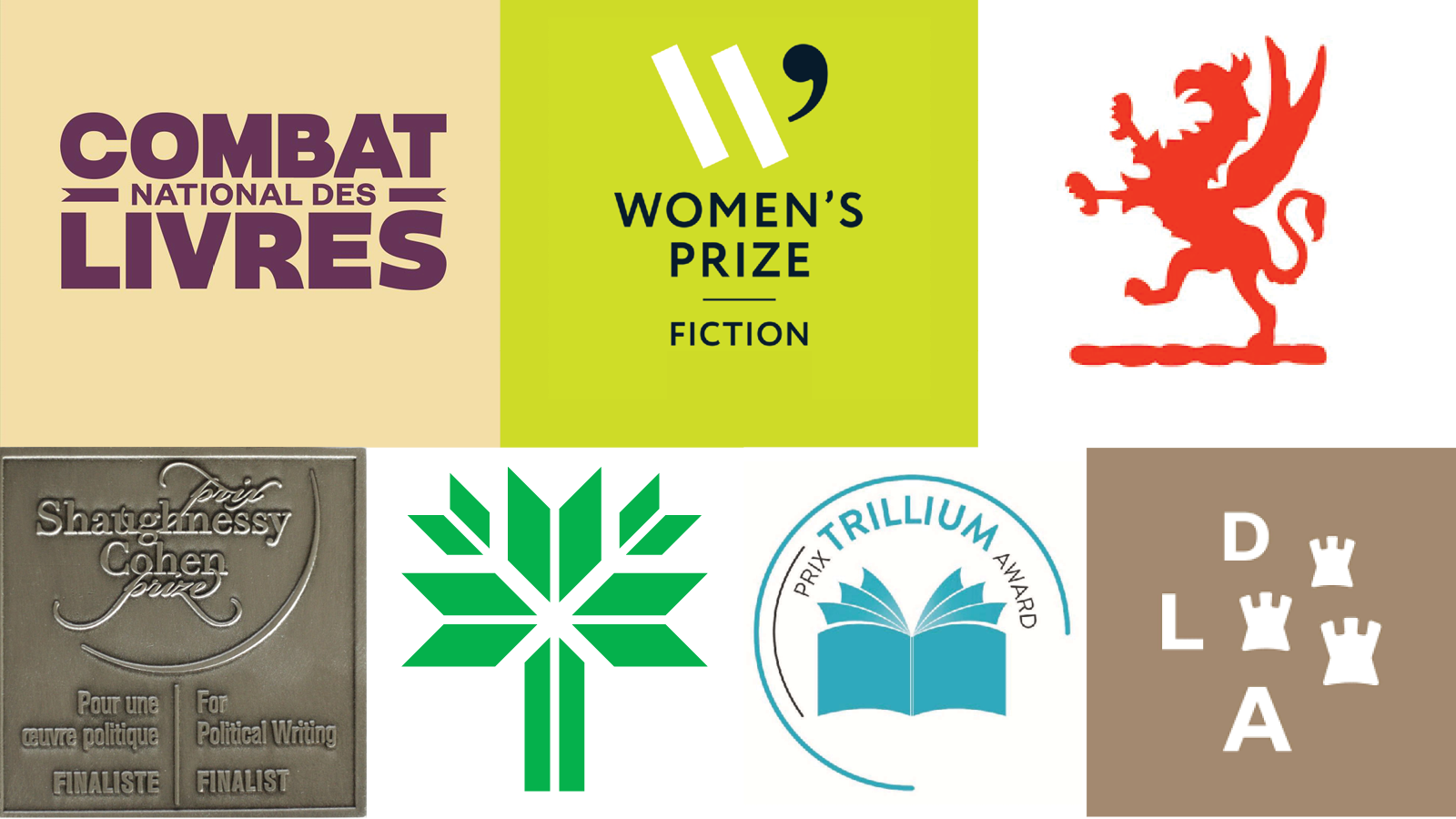 Logos of several major literary awards featured during spring literary prize season, including: Combat national des livres (Radio-Canada), the Women's Prize for Fiction, the Griffin Poetry Prize, the Shaughnessy Cohen Prize for Political Writing, the Forest of Reading Festival, the Trillium Book Award, and the Dublin Literary Award. 