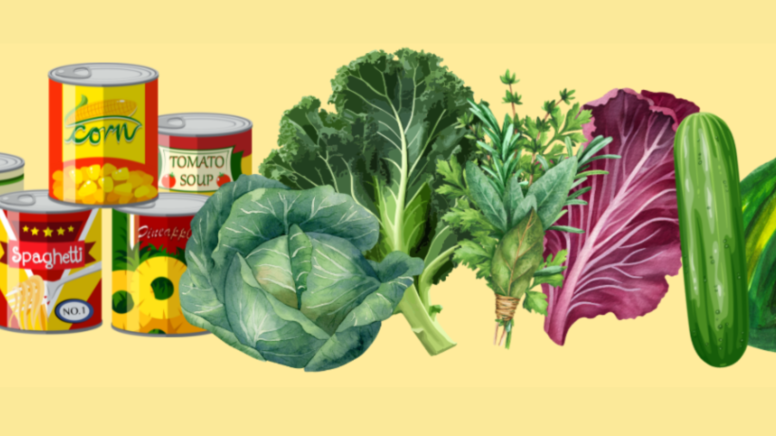 Illustrations of veggies and canned food