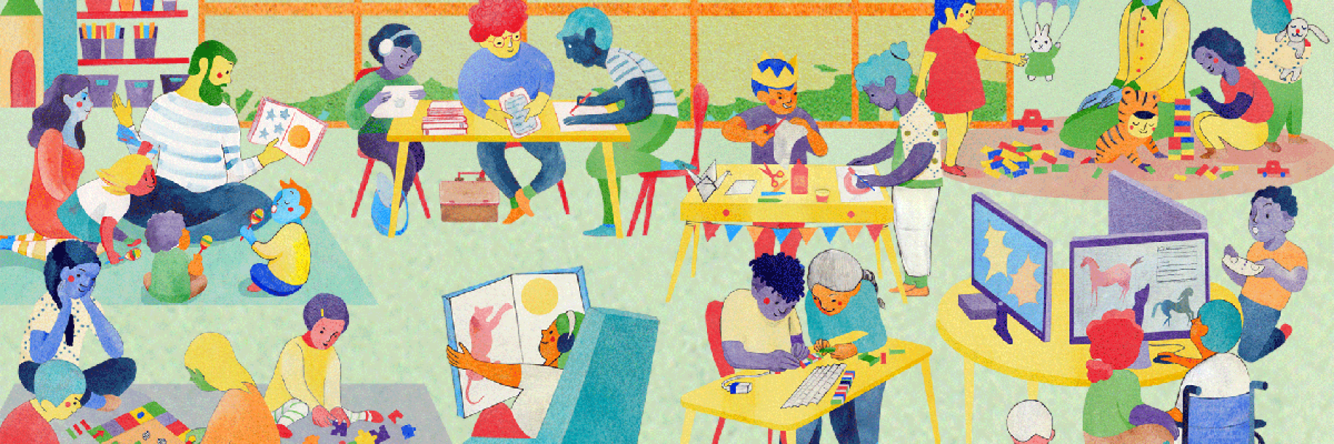 Illustration d'enfants jouant dans une bibliothèque