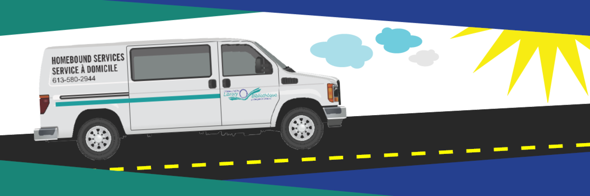 Camionnette de services à domicile conduisant par une journée ensoleillée.