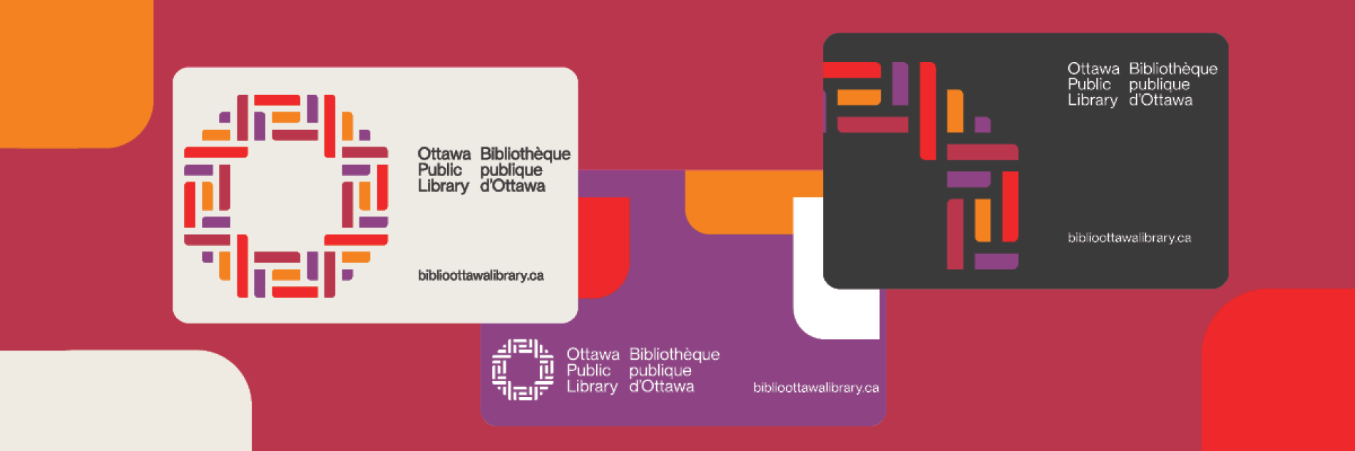 Three colorful Ottawa Public Library cards displayed against a vibrant abstract background of red, orange, and purple shapes.