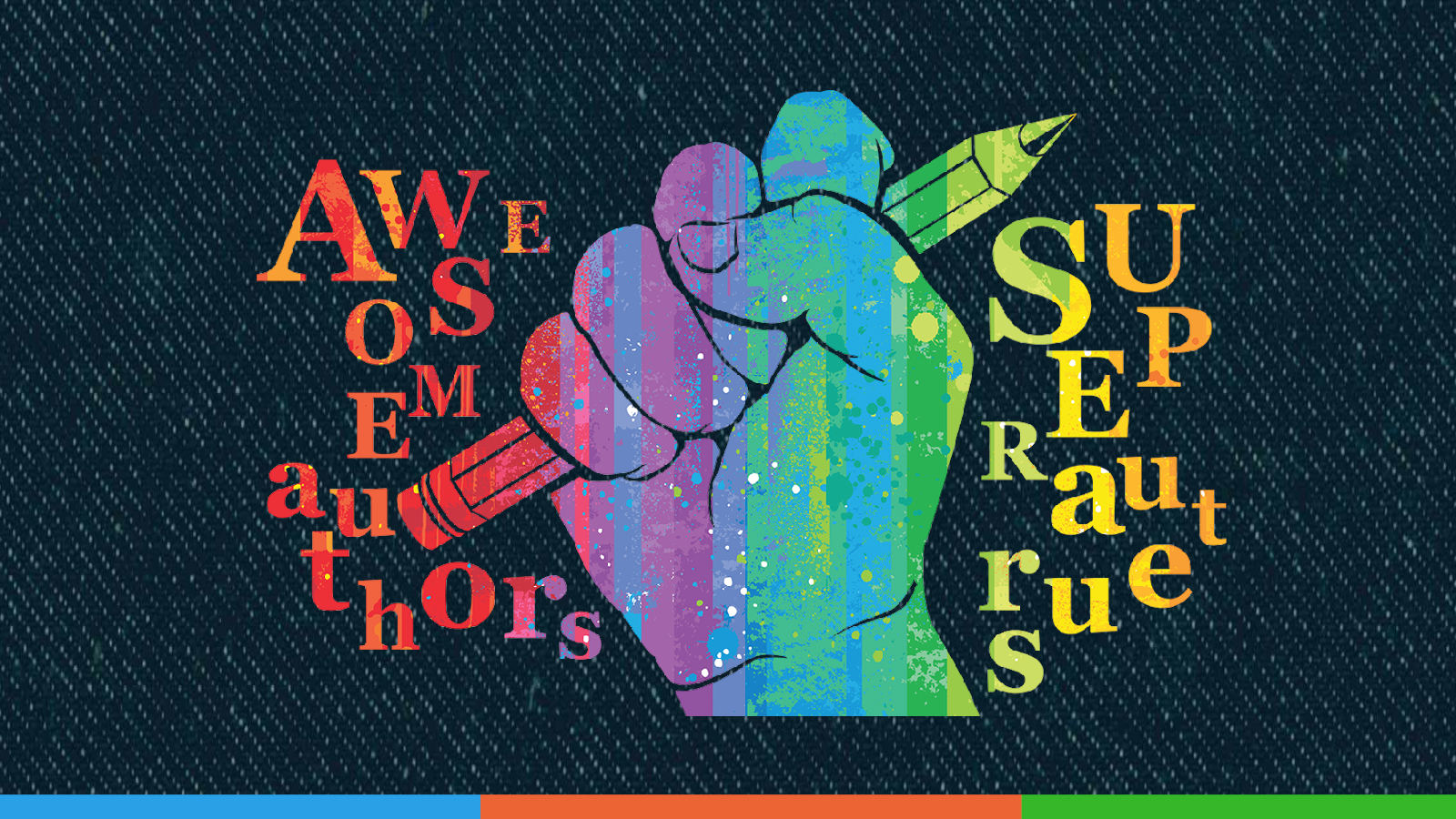 On a blue background, you’ll find illustrations of a hand hanging a pen along with the words: Awesome authors, Super auteurs.