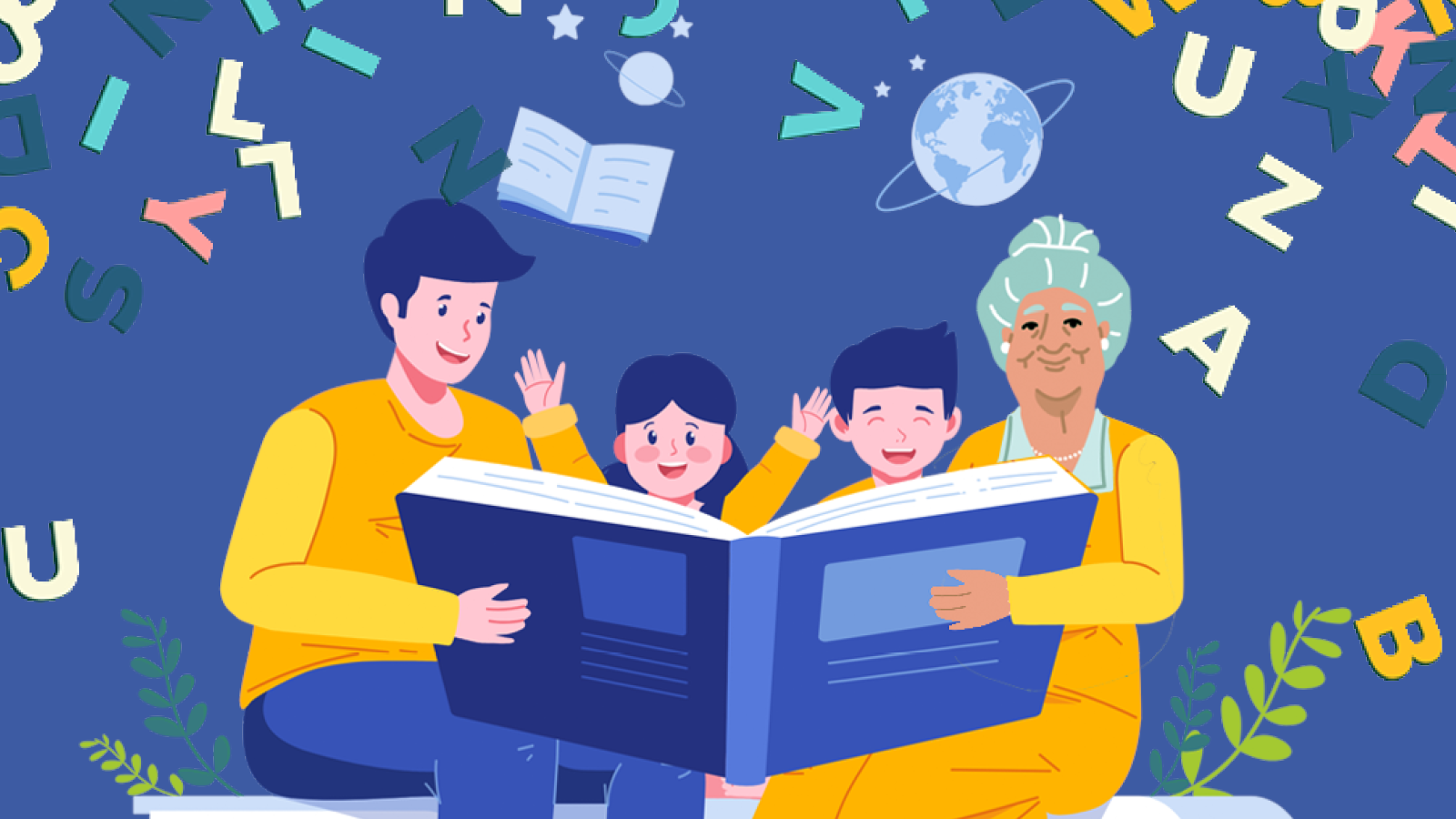 Illustration of a family reading a book together on a blue background