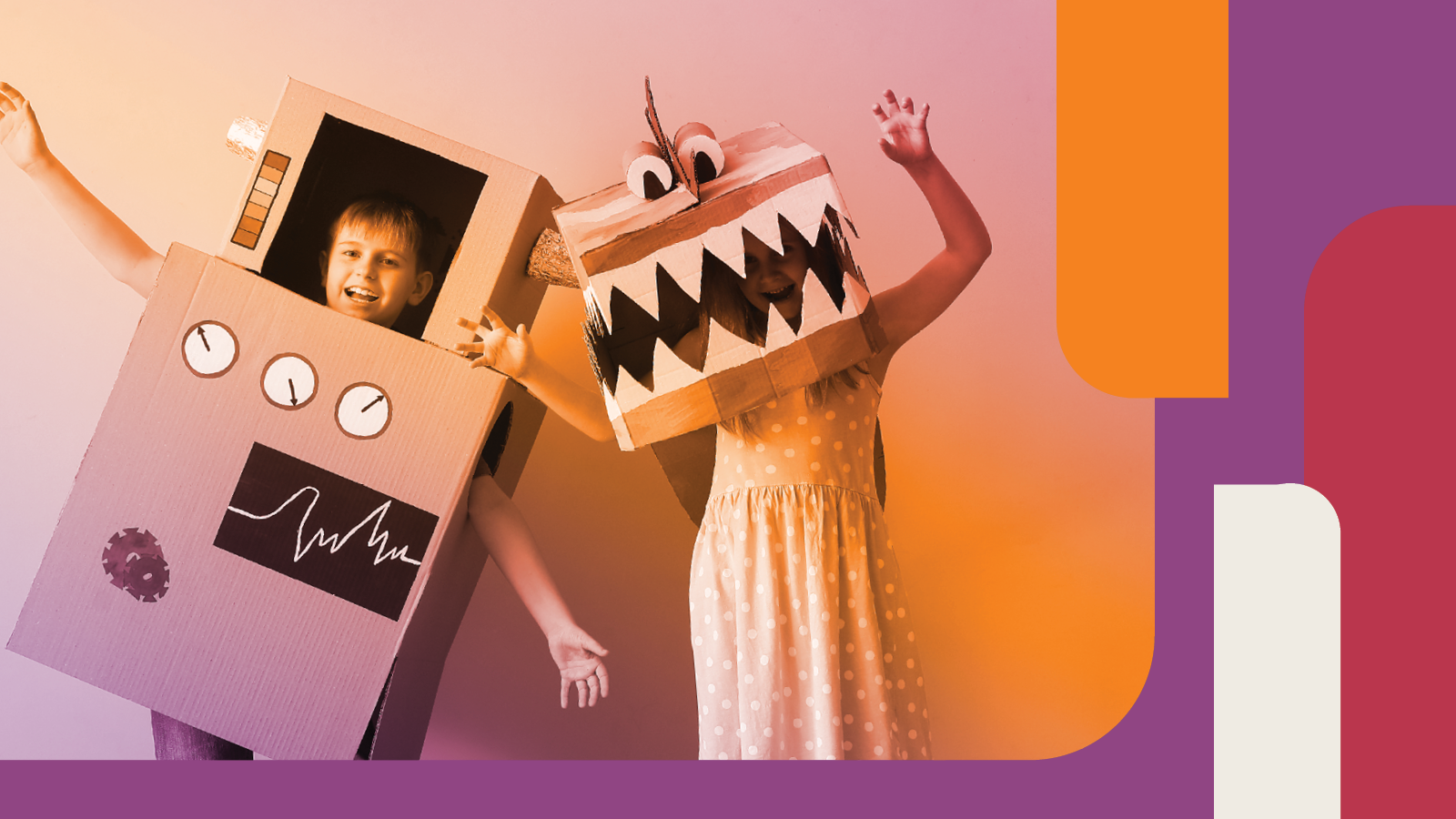 Tho kids wearing cardboard costumes.