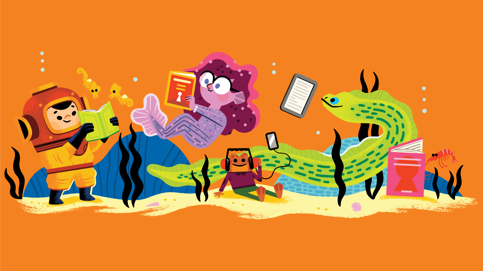 Marine creatures and a child in a diving suit holding books under the see