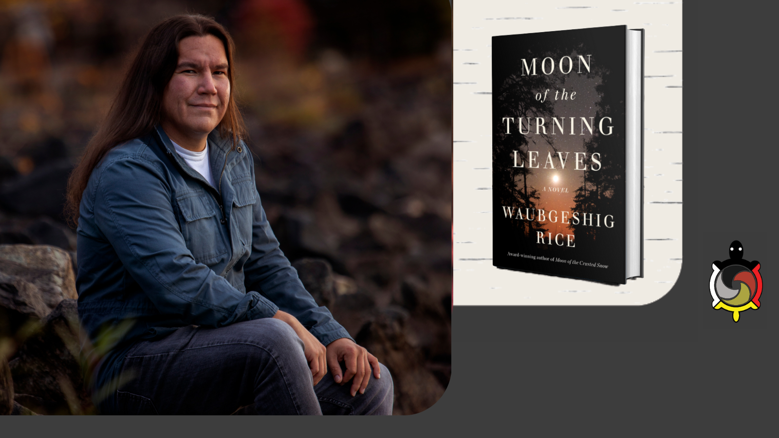 Author sitting outside with book cover and turtle to the right of him