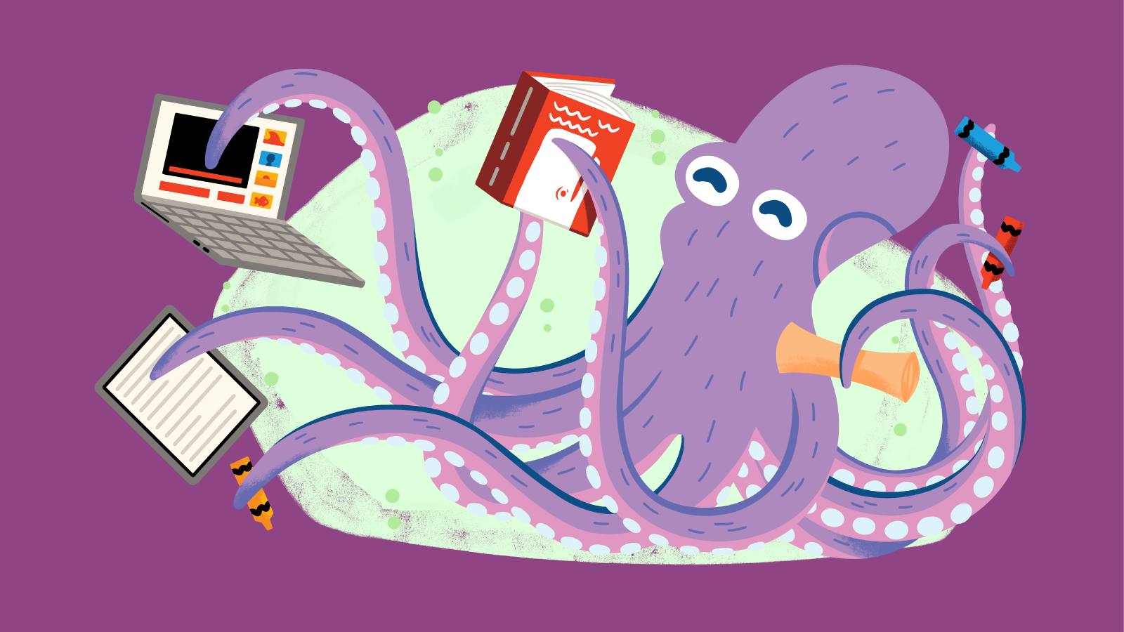 Graphic of an octopus holding books, laptop, pencils and other on a purple background. 