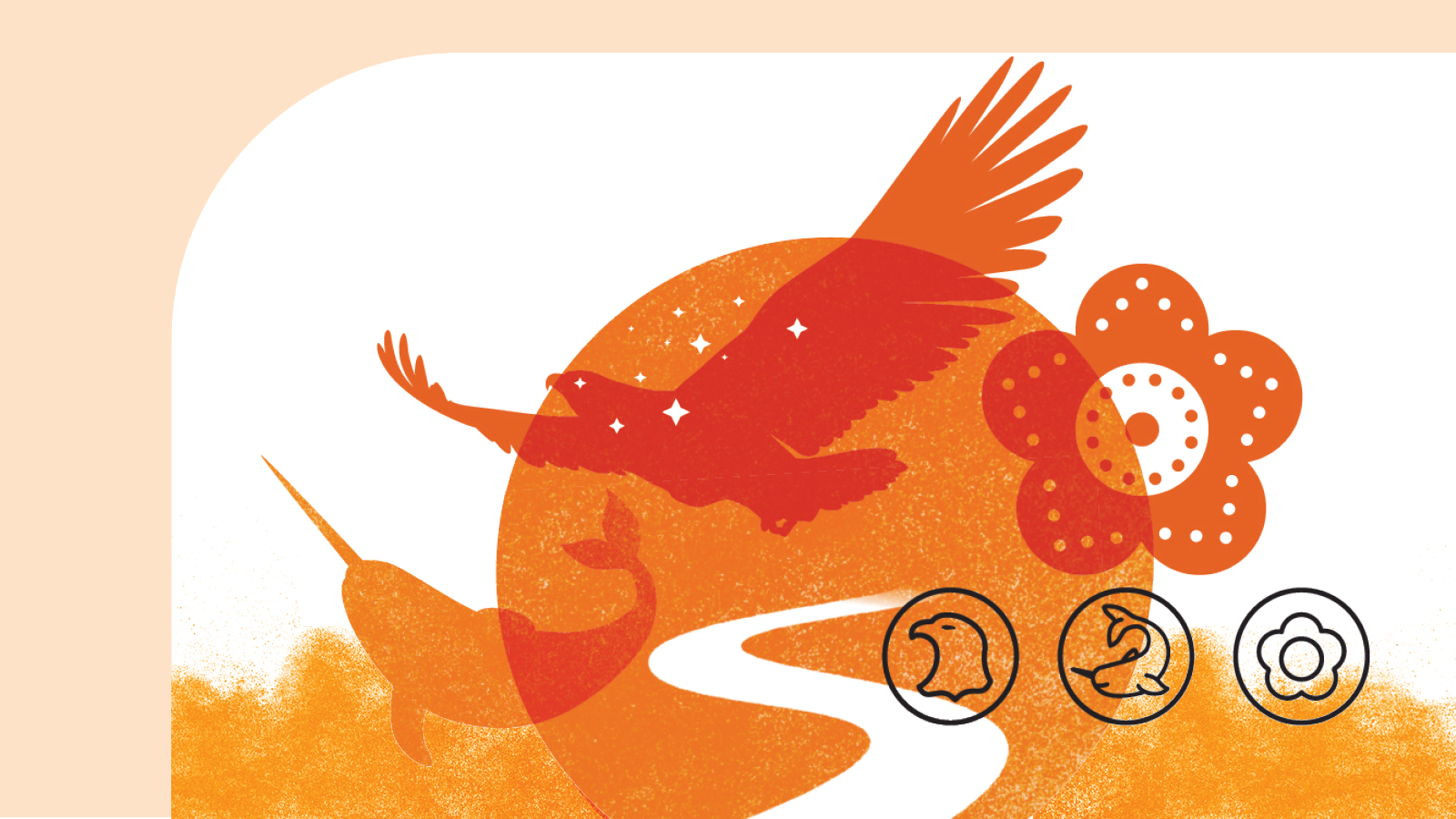 Indigenous symbols on an orange background. 